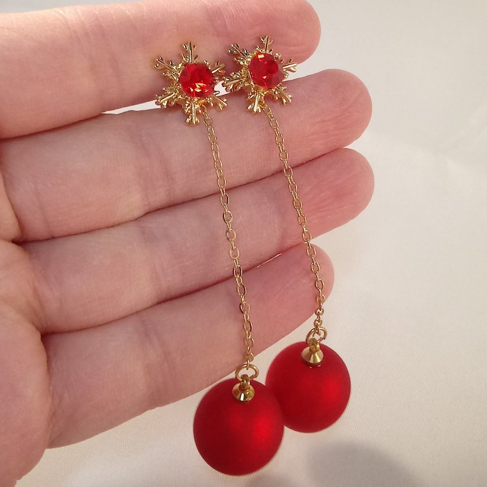Gold Snowflake Red Zircon Tassel Red Ball Dangle Earrings New Holiday Festive